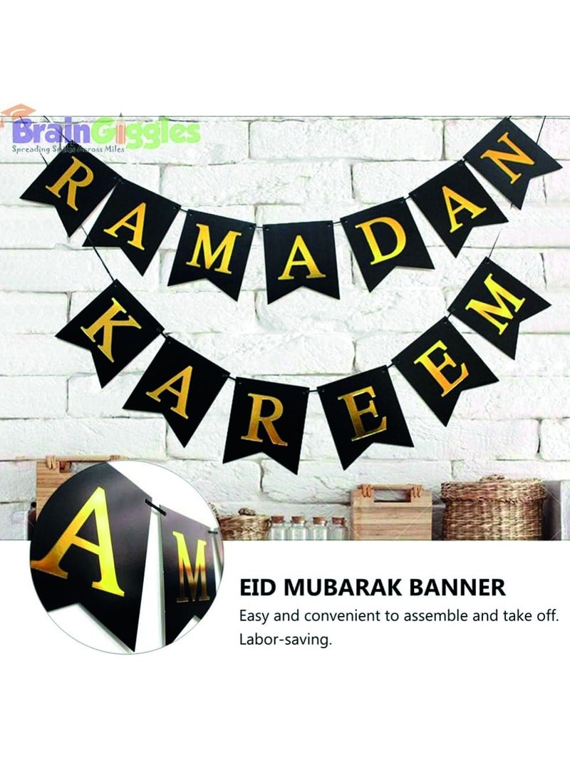 BrainGiggles Ramadan Kareem Mubarak Banner Garland - Eid Banner Flag, Ramadan Party Hanging Decorations - Black & Gold - Image 4